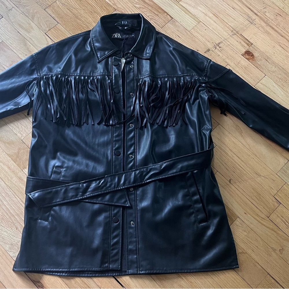 Brand new with tag Zara Black Fringe Leather women Jacket, Small